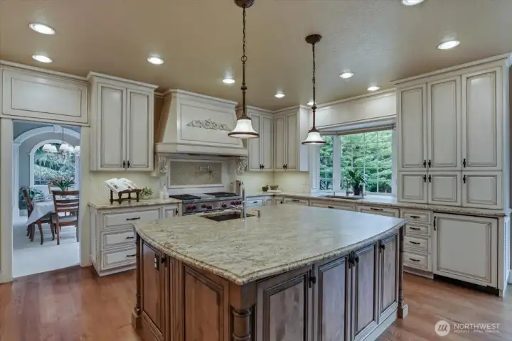 Kitchen, granite, island w/ prep sink, hardwood floors, high ceilings, custom cabinets, Wolf stove, double oven, gas range Kitchen, granite, island w/ prep sink, hardwood floors, high ceilings, custom cabinets, Wolf stove, double oven, gas range