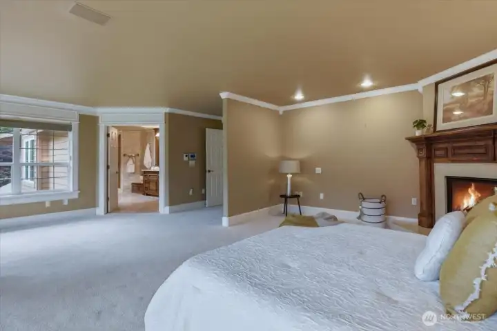 Primary owners' suite, w2w carpet, fireplace, crown molding, floor-to-ceiling windows, private balcony, ensuite bath & 2 walk-in closets Primary owners' suite, w2w carpet, fireplace, crown molding, floor-to-ceiling windows, private balcony, ensuite bath & 2 walk-in closets