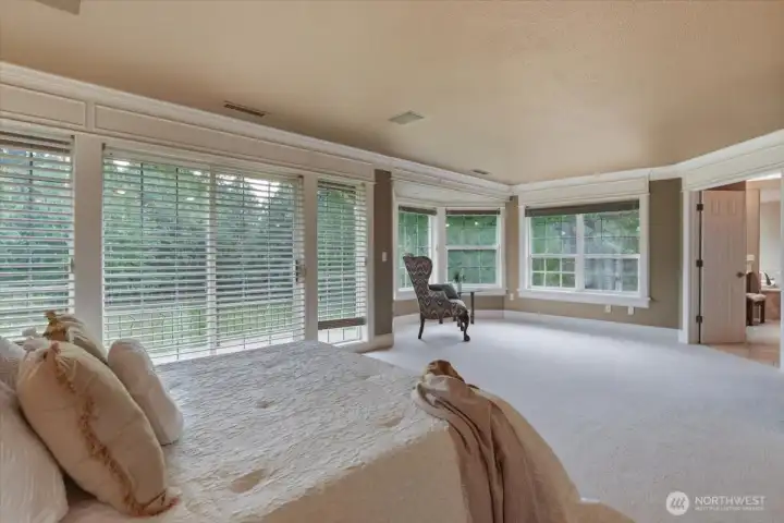 Primary owners' suite, w2w carpet, fireplace, crown molding, floor-to-ceiling windows, private balcony, ensuite bath & 2 walk-in closets Primary owners' suite, w2w carpet, fireplace, crown molding, floor-to-ceiling windows, private balcony, ensuite bath & 2 walk-in closets