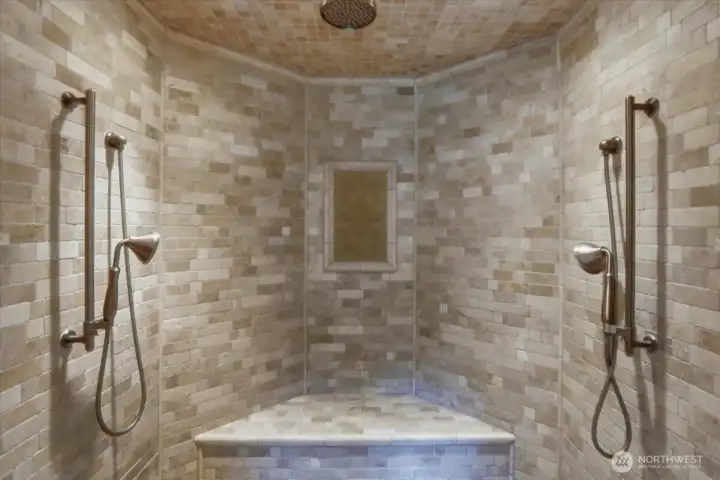 Tile walk-in shower w/ muliple showerheads, custom shower Tile walk-in shower w/ muliple showerheads, custom shower