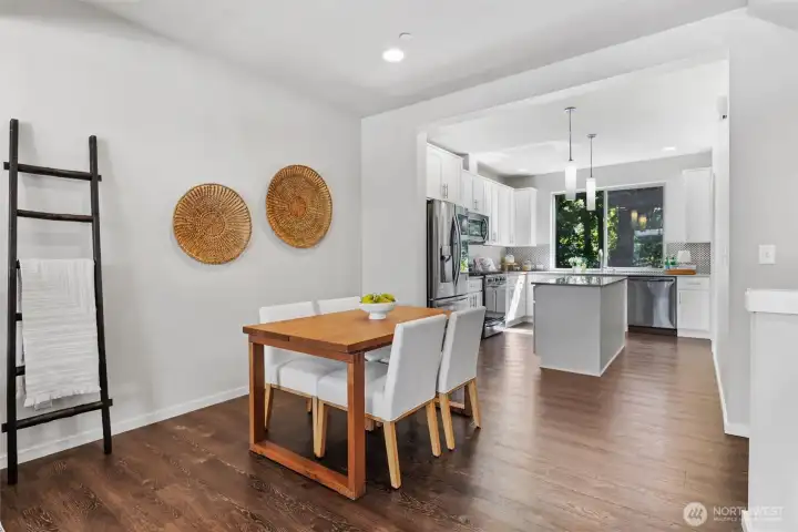 Dedicated dining space easily accommodates gatherings while remaining connected to the kitchen and living areas. Dedicated dining space easily accommodates gatherings while remaining connected to the kitchen and living areas.