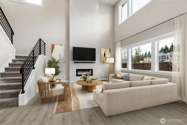 Living room with soaring ceilings and lots of natural light! Virtual staging - actual home.