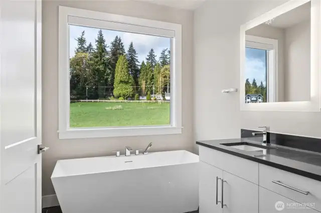 Actual primary suite with verdant views towards protected meadowlands.