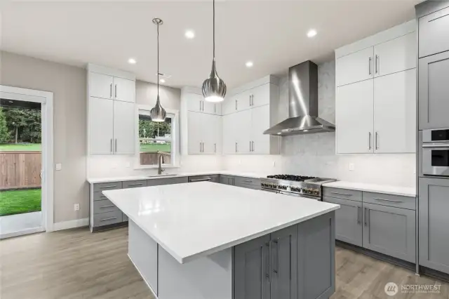 Thick slab countertops.  Photos of actual home and finishes.