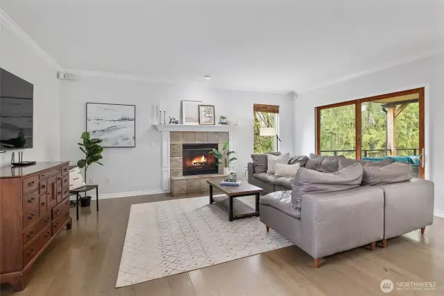 Spacious living area with gas fireplace.