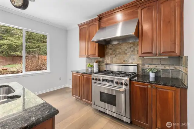 Dacor dual fuel oven with 6-burner gas cooktop.