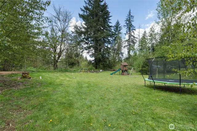 Adorable play house that conveys, trampoline does not convey.