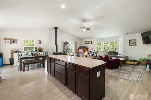 Look at all that storage space and even a place to sit and eat at the kitchen island.