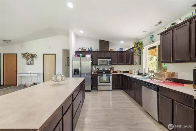 Huge kitchen with stainless steel appliances, a massive island and tons of storage.