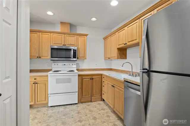 Kitchen has great cabinet and counter space.