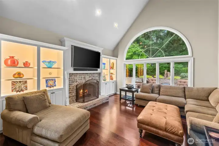 Family room with wood fireplace