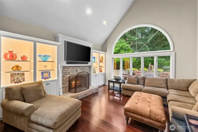 Family room with wood fireplace