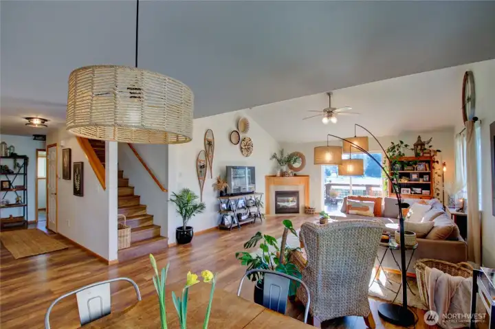 Entry opens to a beautiful light filled living, dining area.