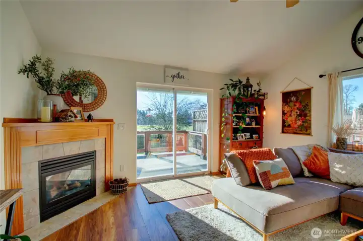 Sunlight fills the spacious living room.