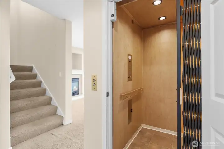 Interior view showing the home elevator, carpeted staircase, and a glimpse into the living area with a fireplace.