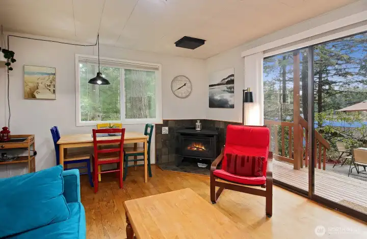 Cabin - Living room. Propane fireplace, dining space, slider out to deck and patio.