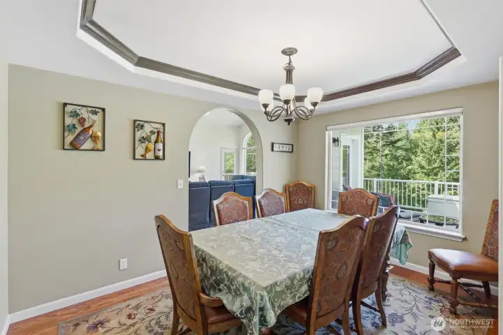 Large dining room with space for many.