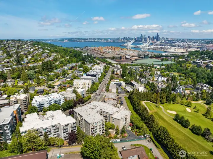 Drone shot highlighting the building backing directly onto the lush green fairways of the West Seattle Golf Course and Stadium track.