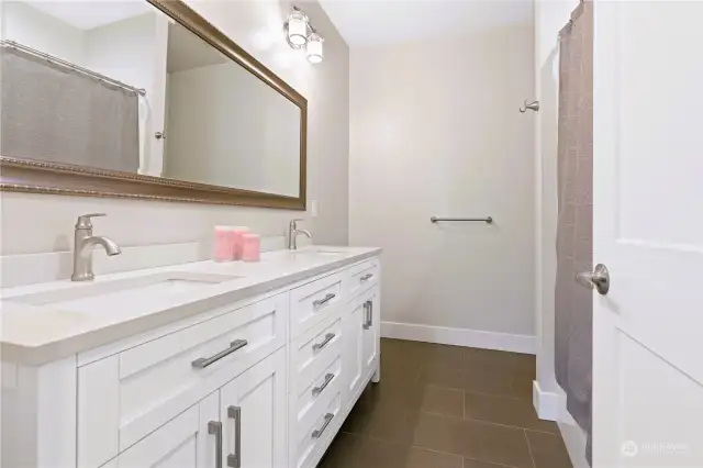 Long master bathroom -- with double vanity
