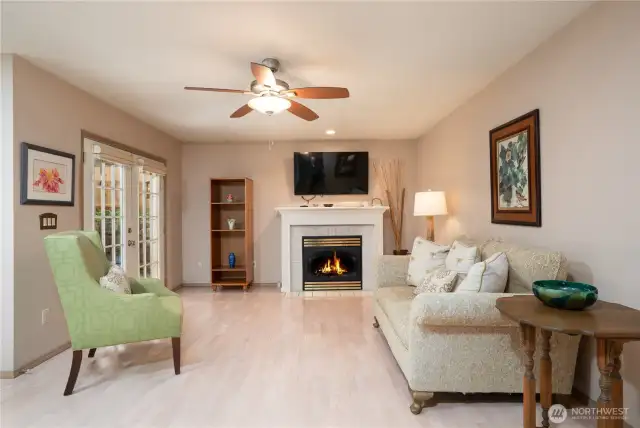 A gas fireplace adds to the warmth and ambience.