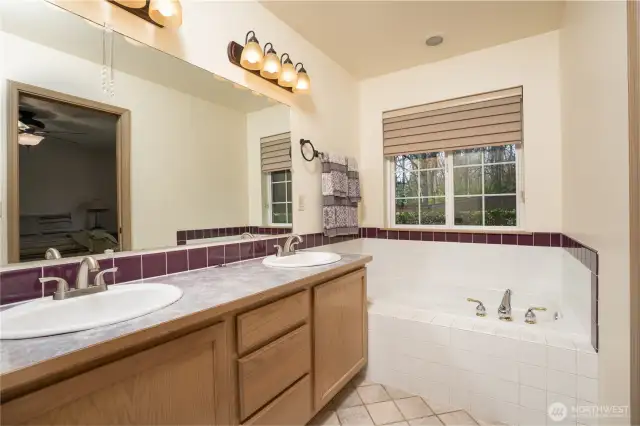 Here we find double sinks and a large soaking tub.  Ahhhhh, yes, time to soak.