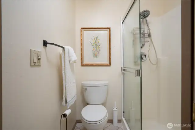 The stand alone shower and loo are located privately off of the main bath area.