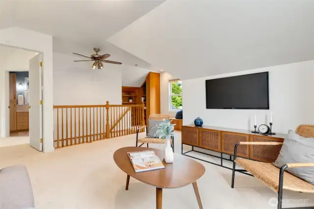 2nd media room/rec room on upper level can double as a large nursery, home office, playroom, and even enclosed into a 4th bedroom.