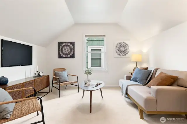 2nd media room/rec room on upper level can double as a large nursery, home office, playroom, and even enclosed into a 4th bedroom.