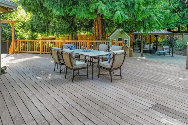 Enjoy the perfect blend of sun and shade on this oversized deck, with access to a lower patio, playhouse, and garden spaces—offering plenty of room for outdoor enjoyment.