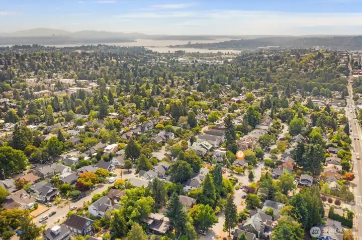 aerial photo looking south and east. You can see Lake Washington from the photo. 98 walk score and 100 transit score! A short walk to light rail, grocery stores, cafes and everywhere you want to be. Only minutes to the UW, downtown, Amazon and 520. And located in the #1 sought after school cluster!