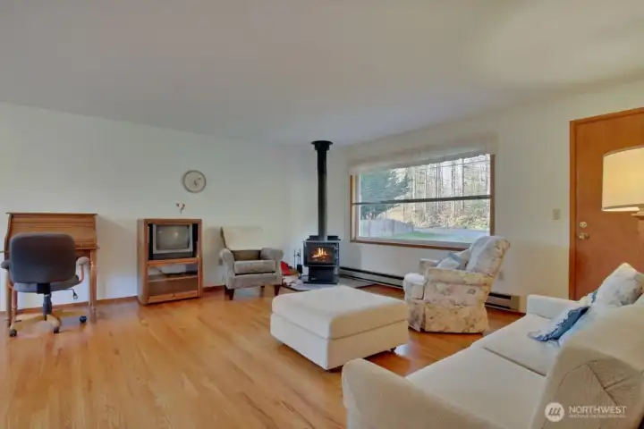 Cozy living room with wood-burning fireplace!