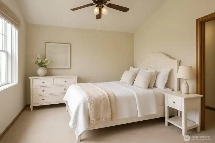 Virtually staged furniture, an upstairs bedroom