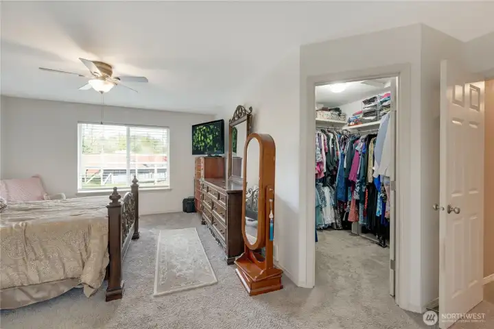 The primary bedroom, like every part of this enchanting home, is light and bright due to generously sized and well=positioned windows. Here you see the entry to the walk-in closet and private bath.