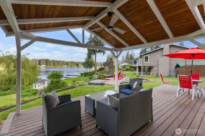 Rain or shine you can enjoy the breathtaking cottage Lake views and sunsets from the covered Lakeside retreat. Inside or out it’s the perfect lakefront living.