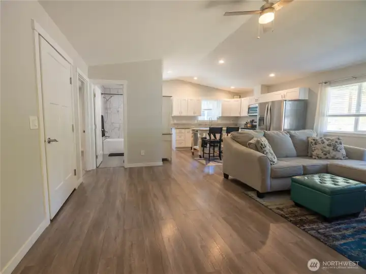 Vaulted ceiling above living room and kitchen