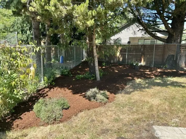 Landscaped with fresh bark, the backyard is a peaceful retreat
