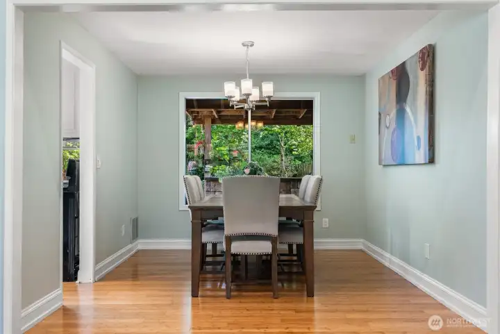 This large dining room is just steps from the kitchen for easy serving. This large dining room is just steps from the kitchen for easy serving.