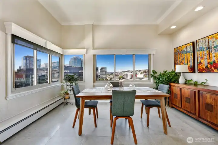 Spacious dining room with custom slate tile flooring.