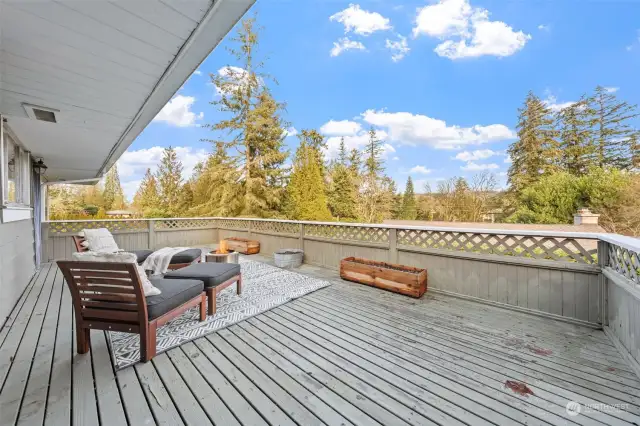 The expansive deck, directly accessible from the primary suite, offers a peaceful retreat with scenic treetop views. There's plenty of space for outdoor lounging, entertaining, or enjoying the fresh air.