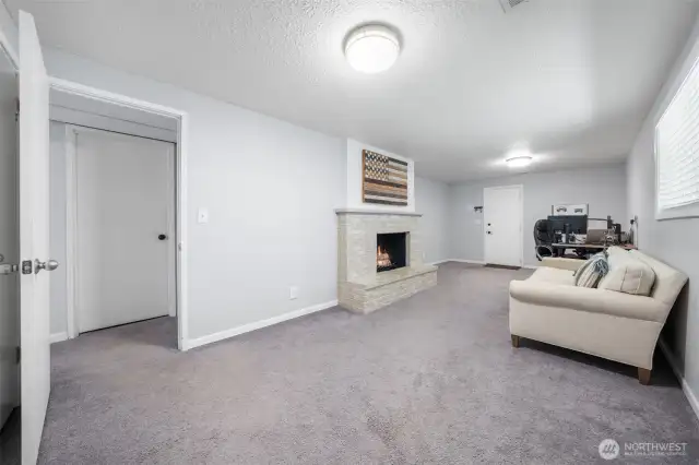 Lower-level family room with access door to the backyard and huge garage/shop.