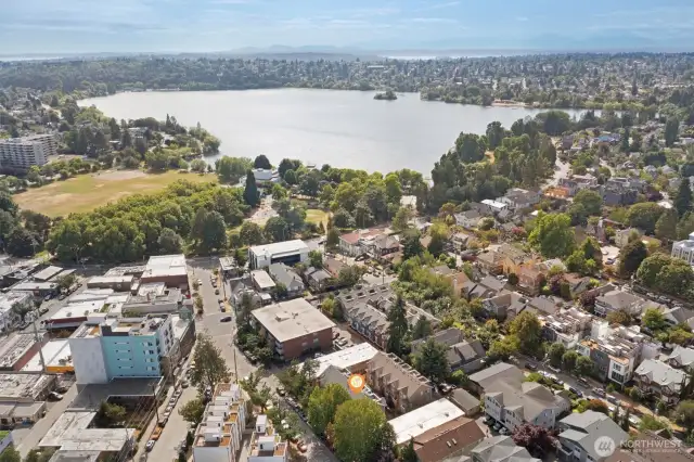Aerial photo looking west. Green Lake is just 1 1/2 blocks away! 91 walk score! 92 bike score! Walk to everywhere from here including light rail! Only minutes to downtown, UW, Amazon, and 520.