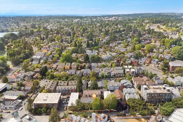 Aerial photo looking north. Green Lake is just 1 1/2 blocks away! 91 walk score! 92 bike score! Walk to everywhere from here including light rail! Only minutes to downtown, UW, Amazon, and 520.