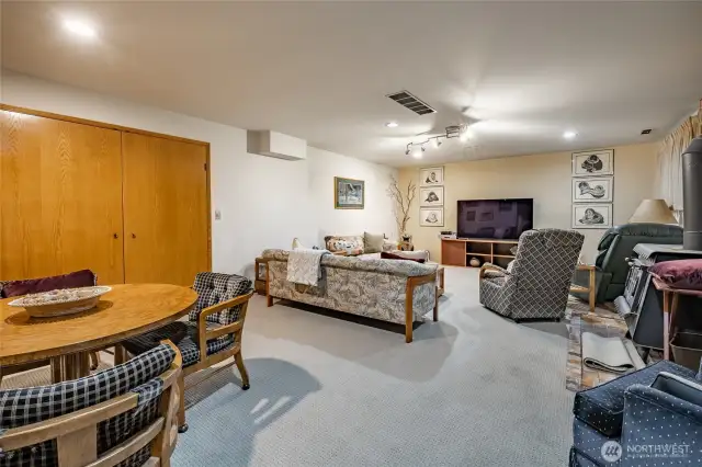 Family room on the lower level. The doors lead to the workshop.