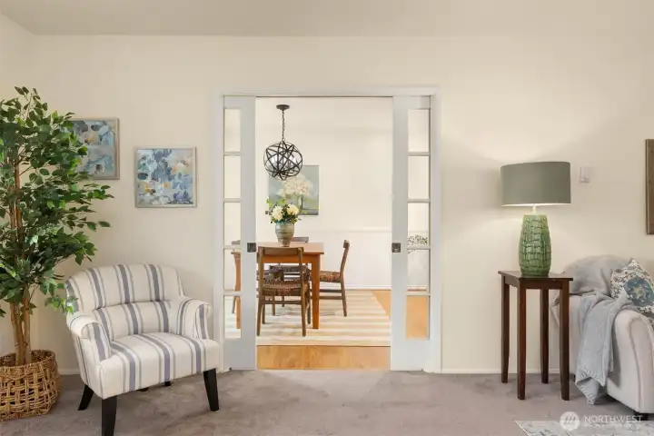Sweet French doors lead into the kitchen.