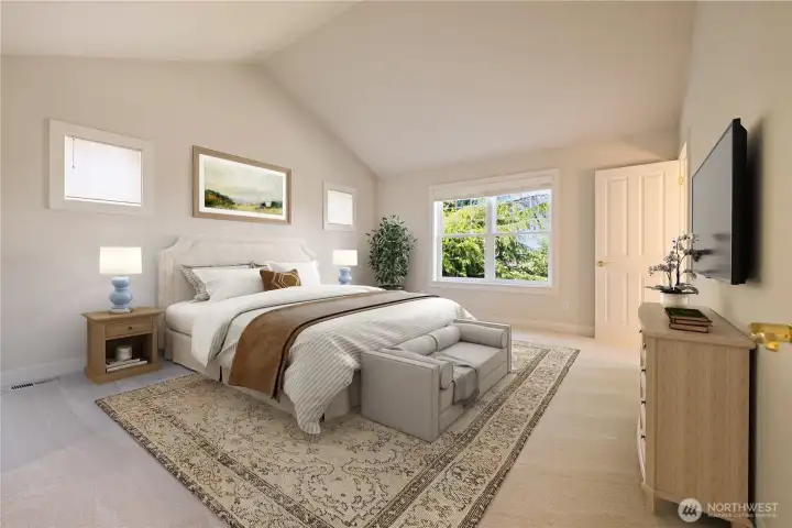 Primary bedroom with walk in ensuite, walk in closets, and landing/catwalk to private balcony off main