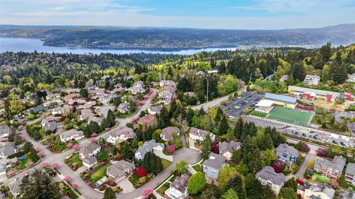Drone shot of home with Lake Sammamish and Open Window School in the background