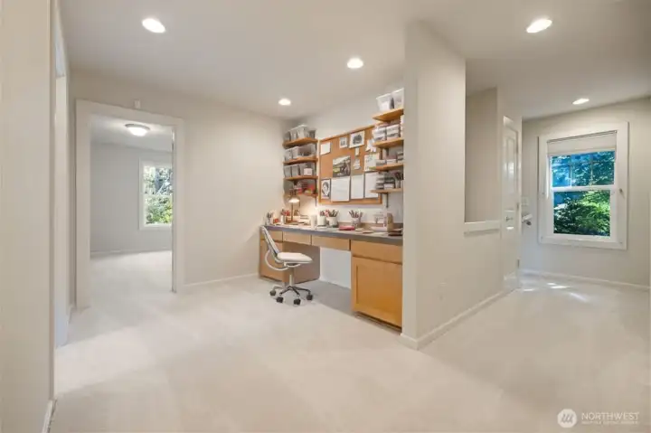 extra built ins upstairs for crafting, office work, or whatever you wish