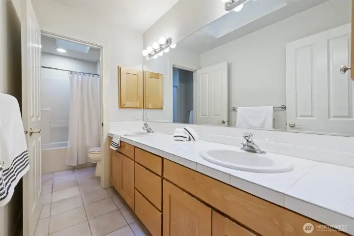 Full guest bathroom with skylights