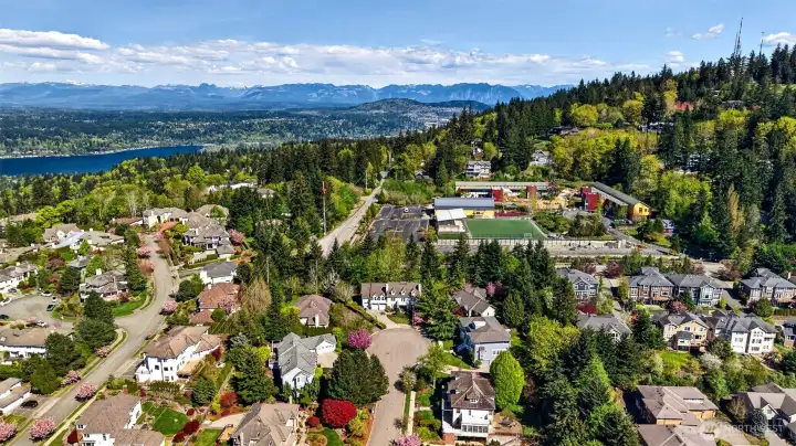 Drone shot of home with Lake Sammamish and Open Window School in the background