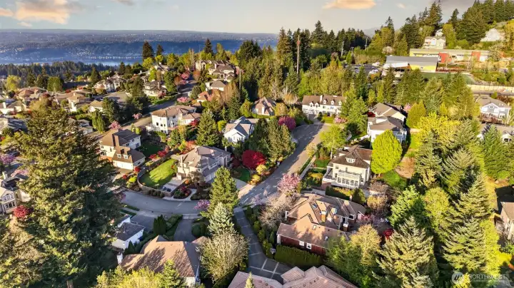 Drone shot of home with Lake Sammamish and Open Window School in the background